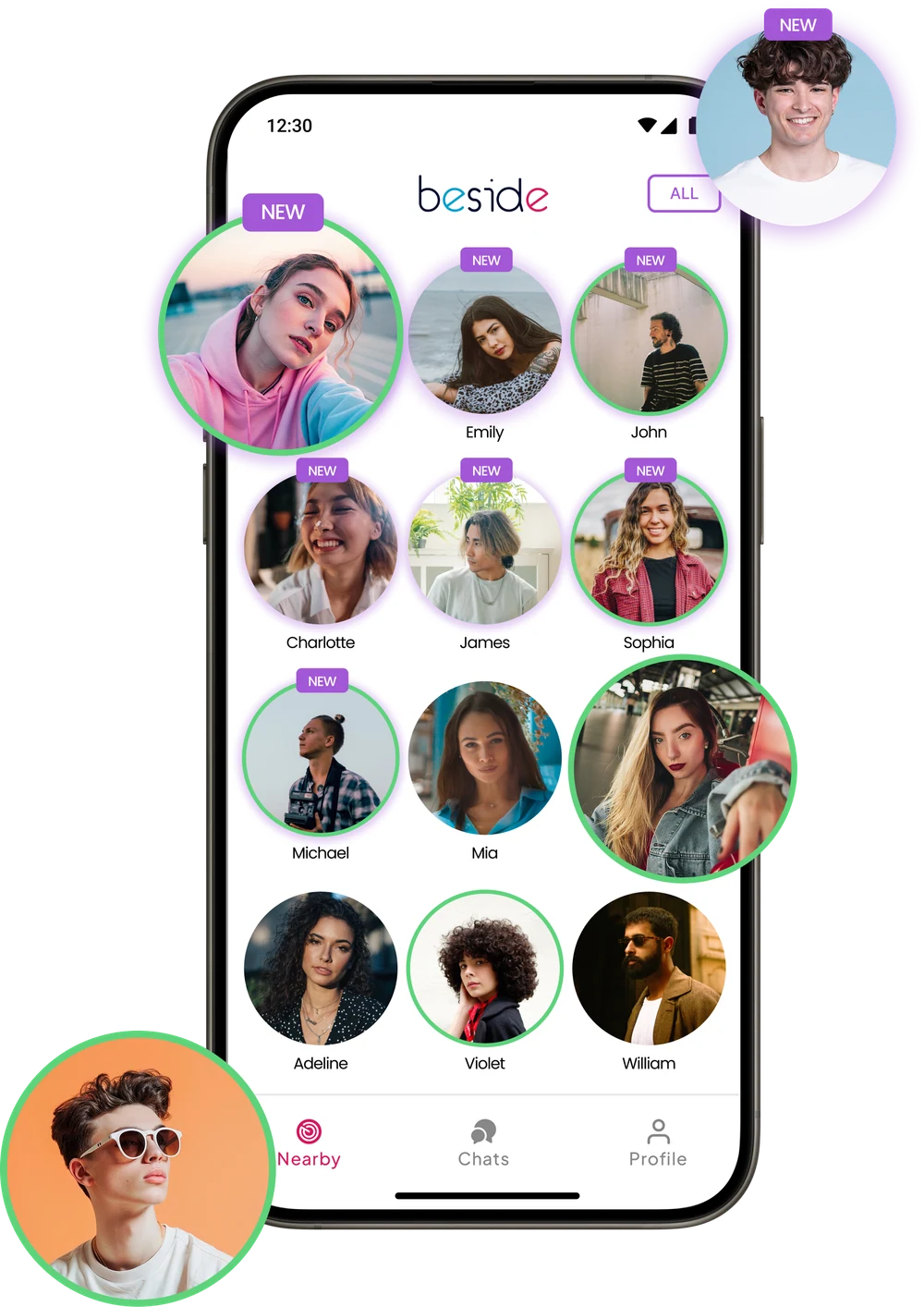 Beside’s nearby screen, showing the people you have crossed paths with